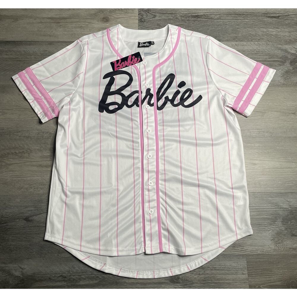 Barbie Women's White Pink Striped Short Sleeve Jersey Button-Up Top Size XL